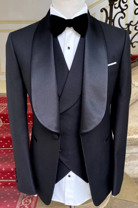 Formal Black Shawl Lapel Three-Piece Wedding Suit