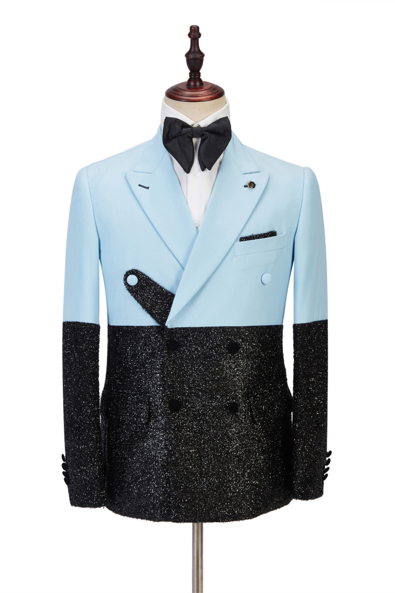Stylish Sky Blue Stitching Sparkle Black Peak Lapel Two-Piece Suit