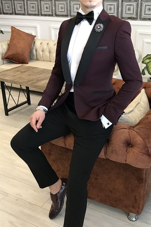 Jeffrey Burgundy with Black Peaked Lapel One-Button Formal Suit