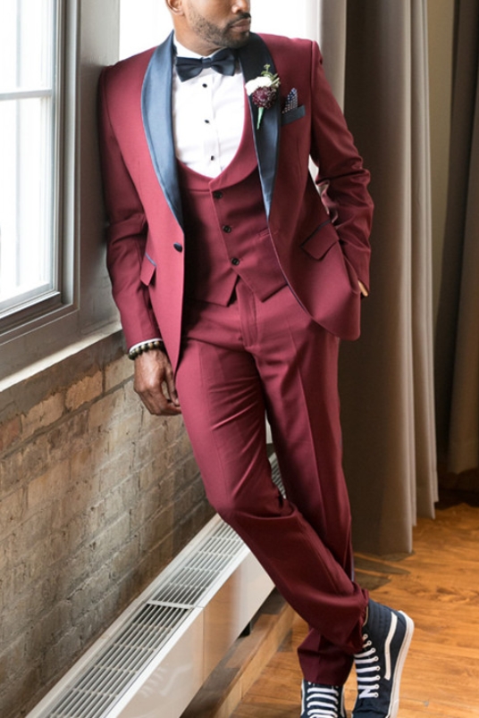 Elias Burgundy Slim Fit Suit with Black Shawl Lapel