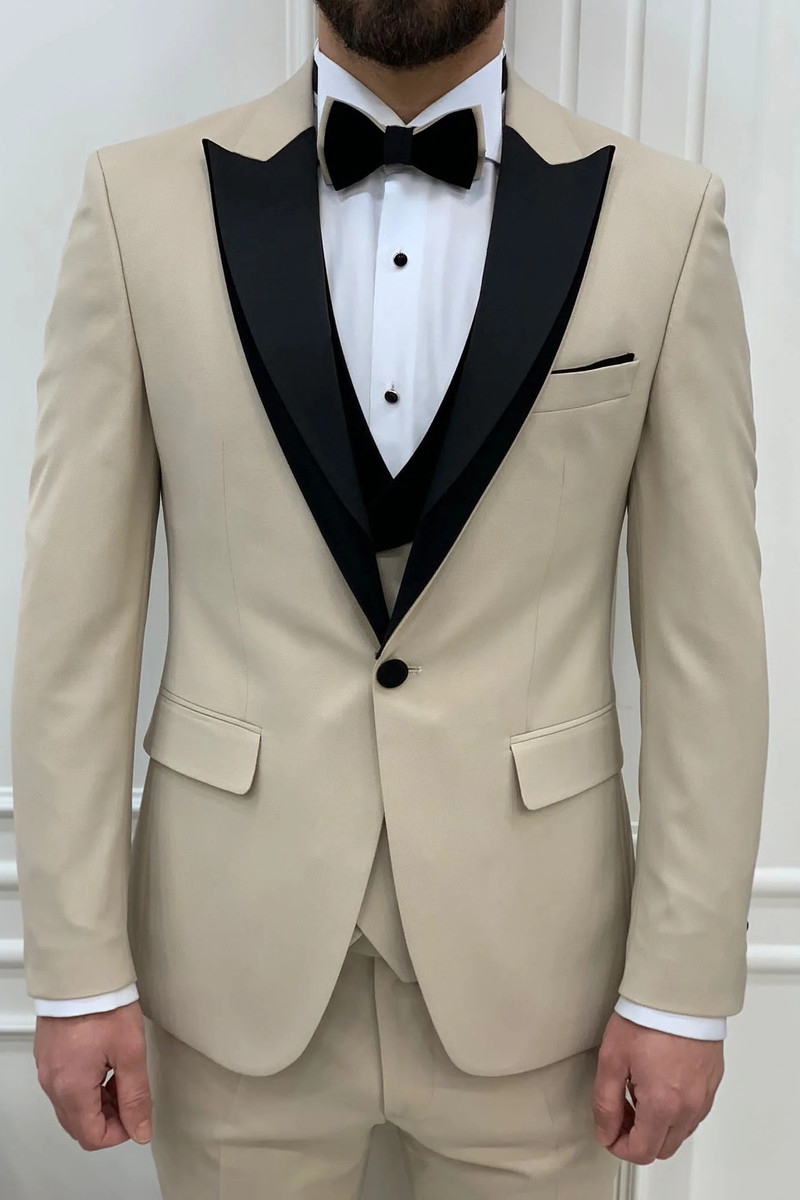 Marbel Beige Slim Fit Velvet Peak Lapel Tuxedo