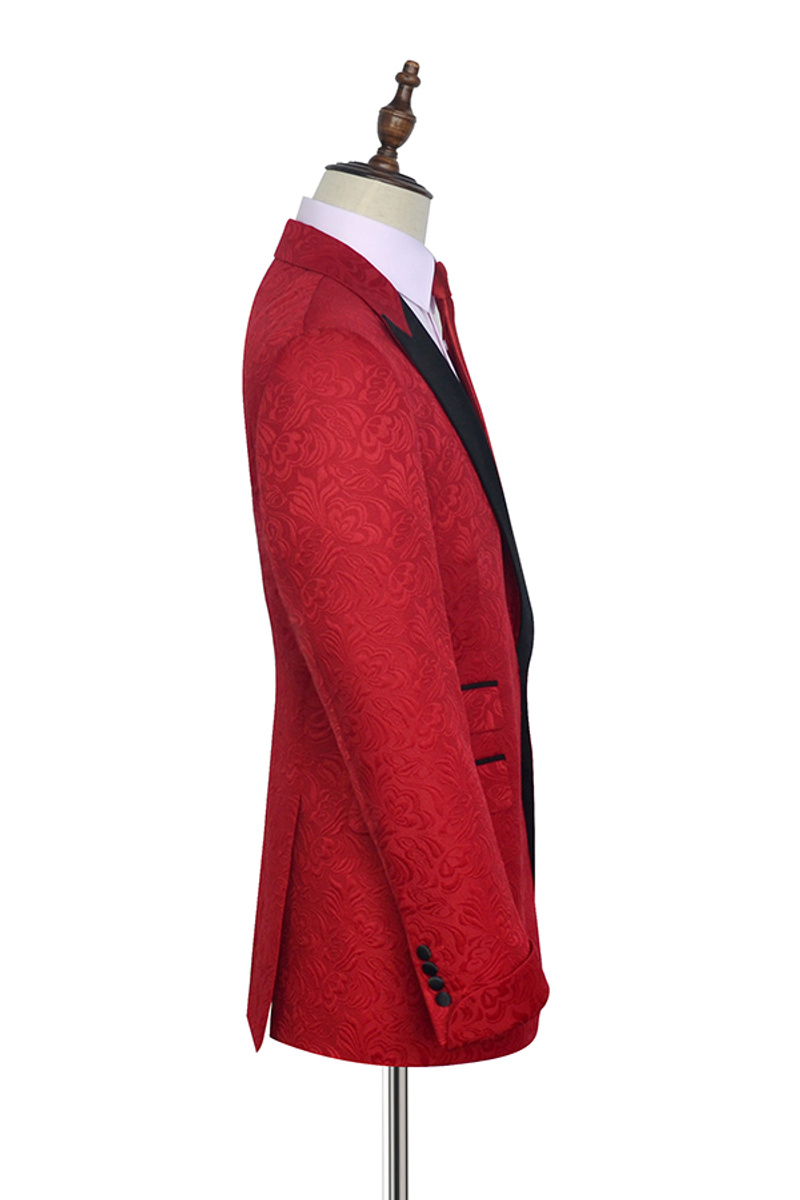 Unique Men Suit In Bright Red Jacquard With Pointed Lapels And Black Silk