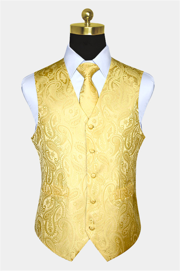 Silk Yellow Paisley Vest With Tie Set