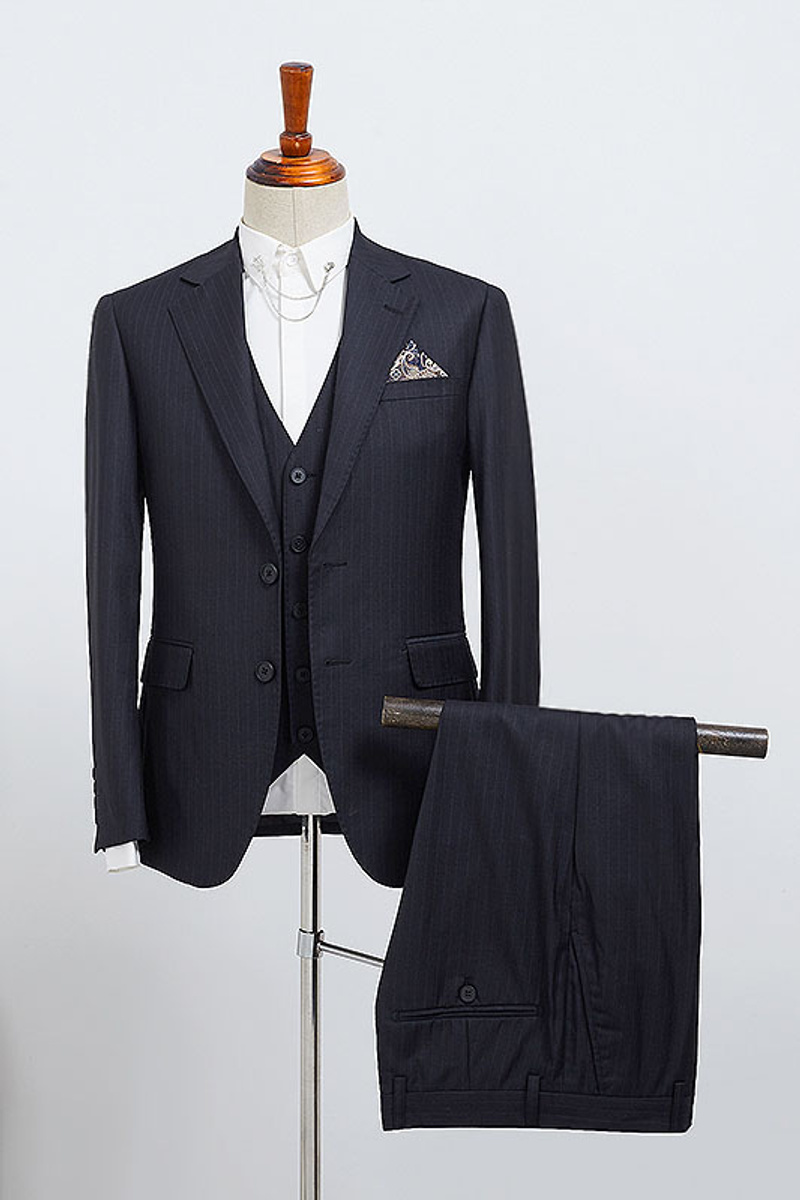 Benson Modern Navy Stripe Three-Piece Slim Fit Custom Business Suit