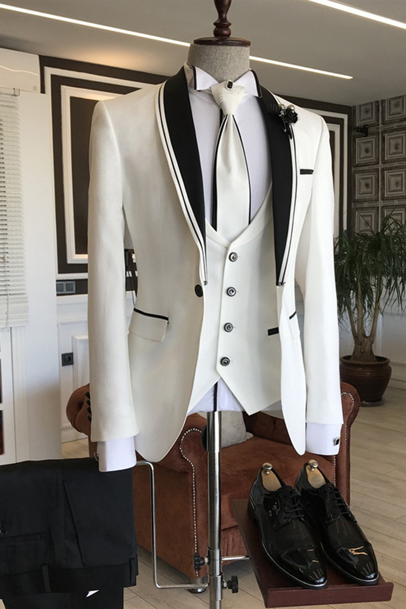 London White Slim Fit Bespoke Wedding Suit with Black Shawl Lapel