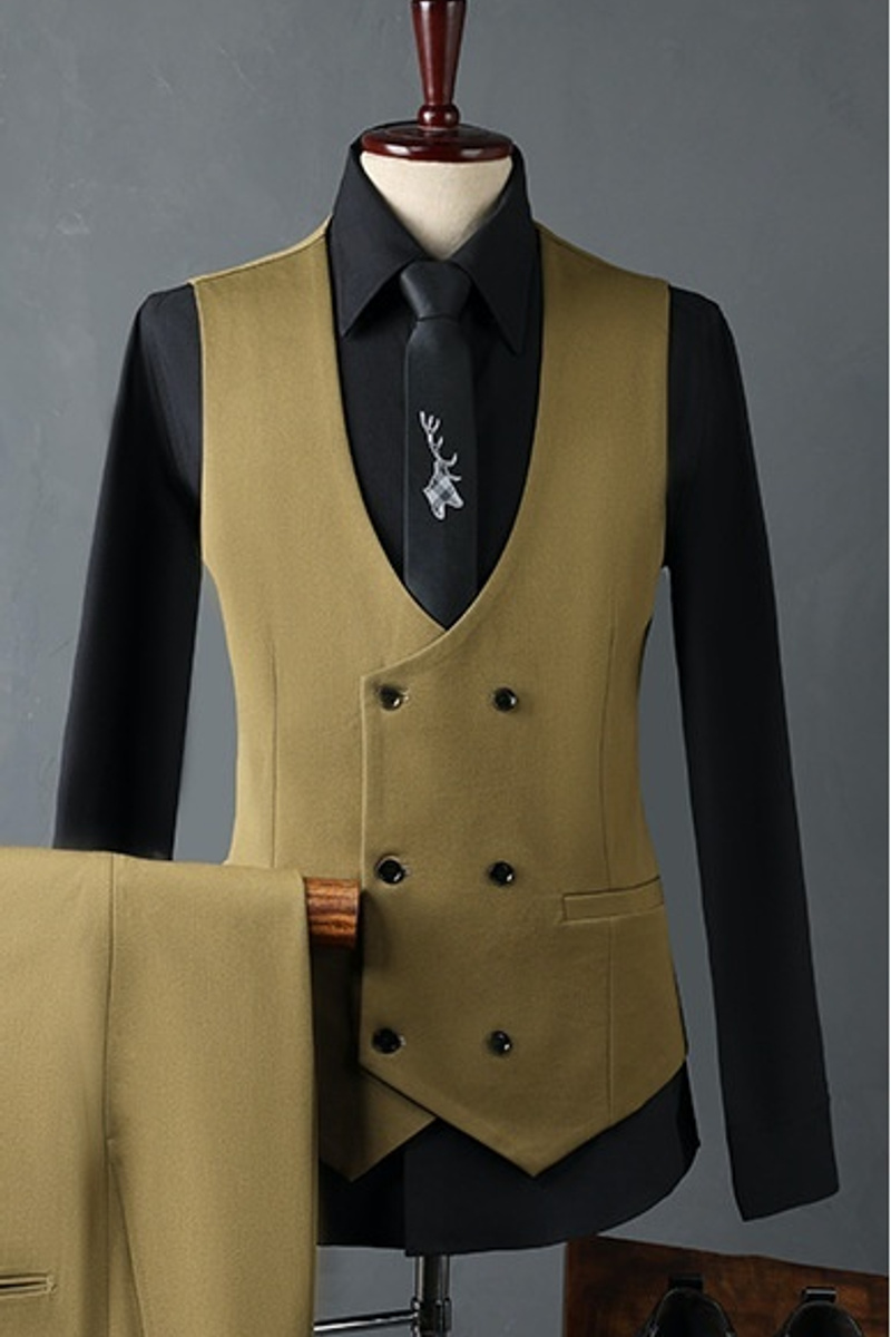 Italian Style Camel Lapel Collar Slim Fit Suit Wedding Business Suit with Adjustable Chest Buckle