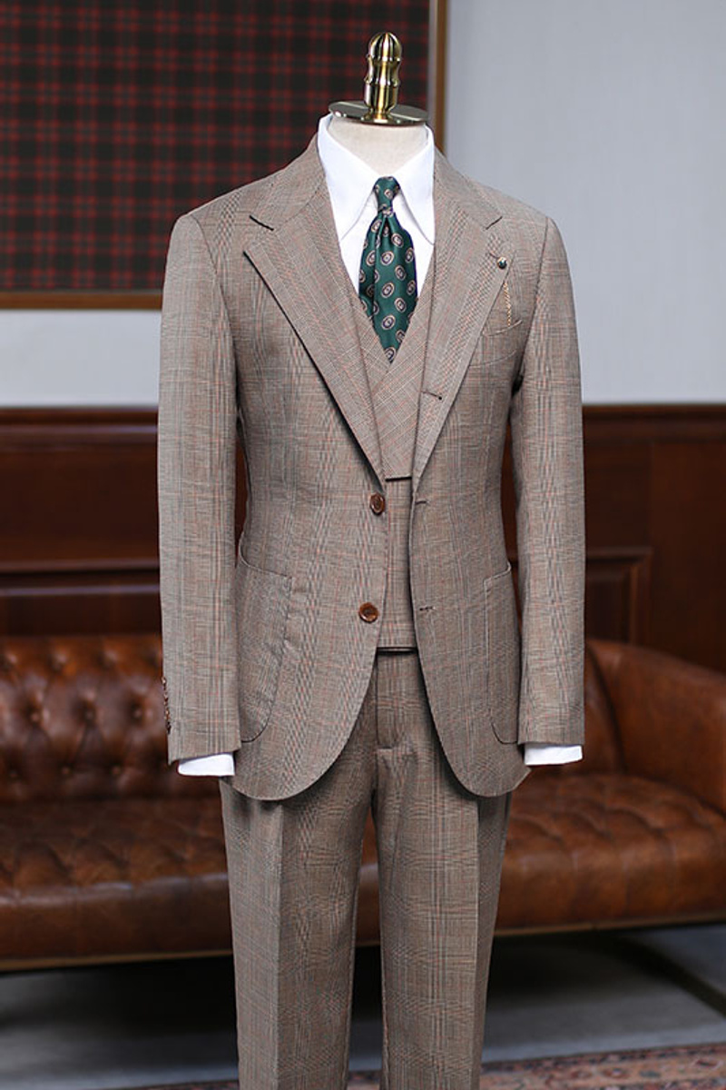 Atwood Handsome Light Khaki Check Three-Piece Custom Business Suit
