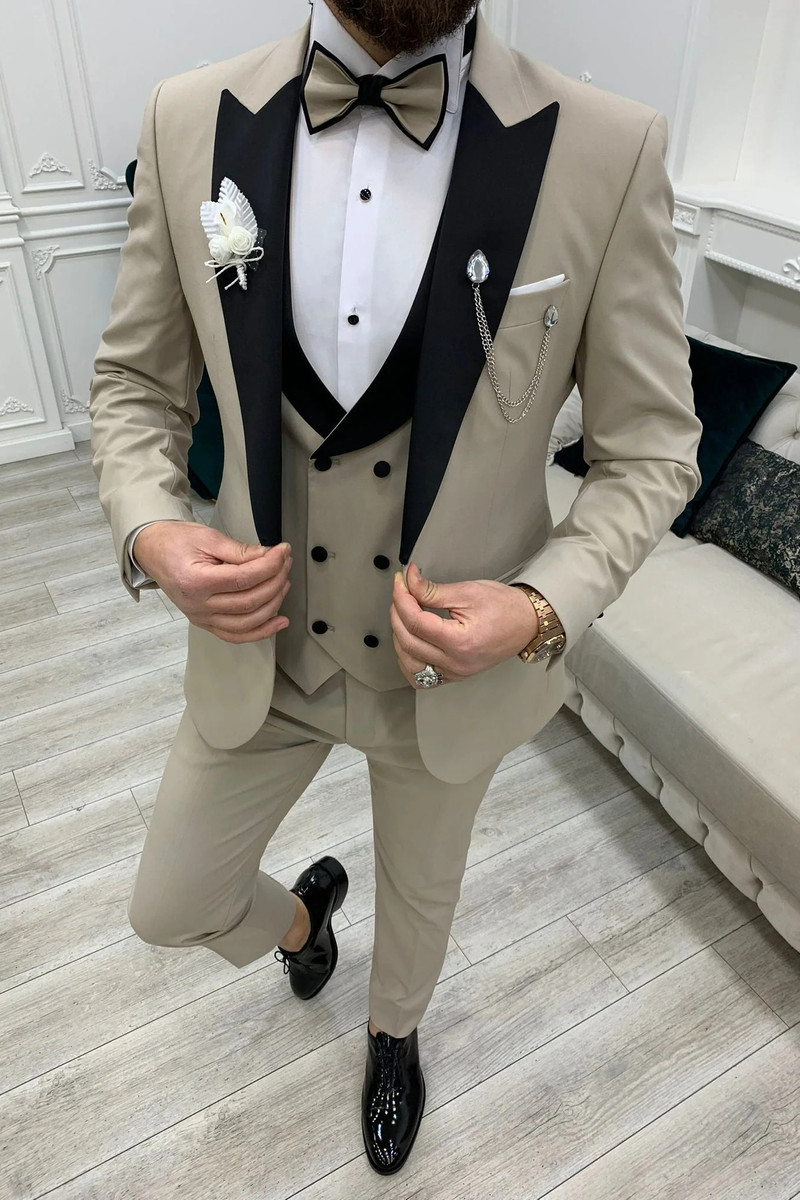 Modern Beige Slim Peak Collar Three-Piece Tuxedo