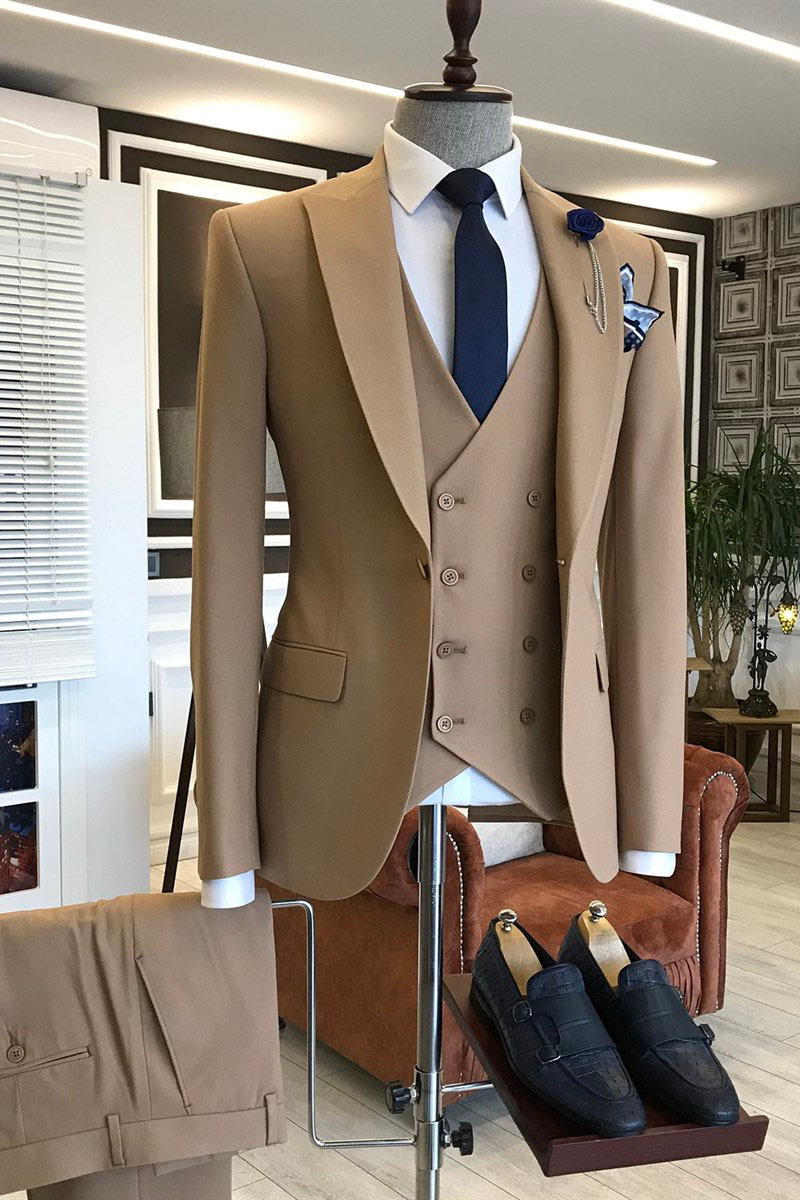 Luther Formal Three Piece Solid Brown Pointed Lapel Business Suit