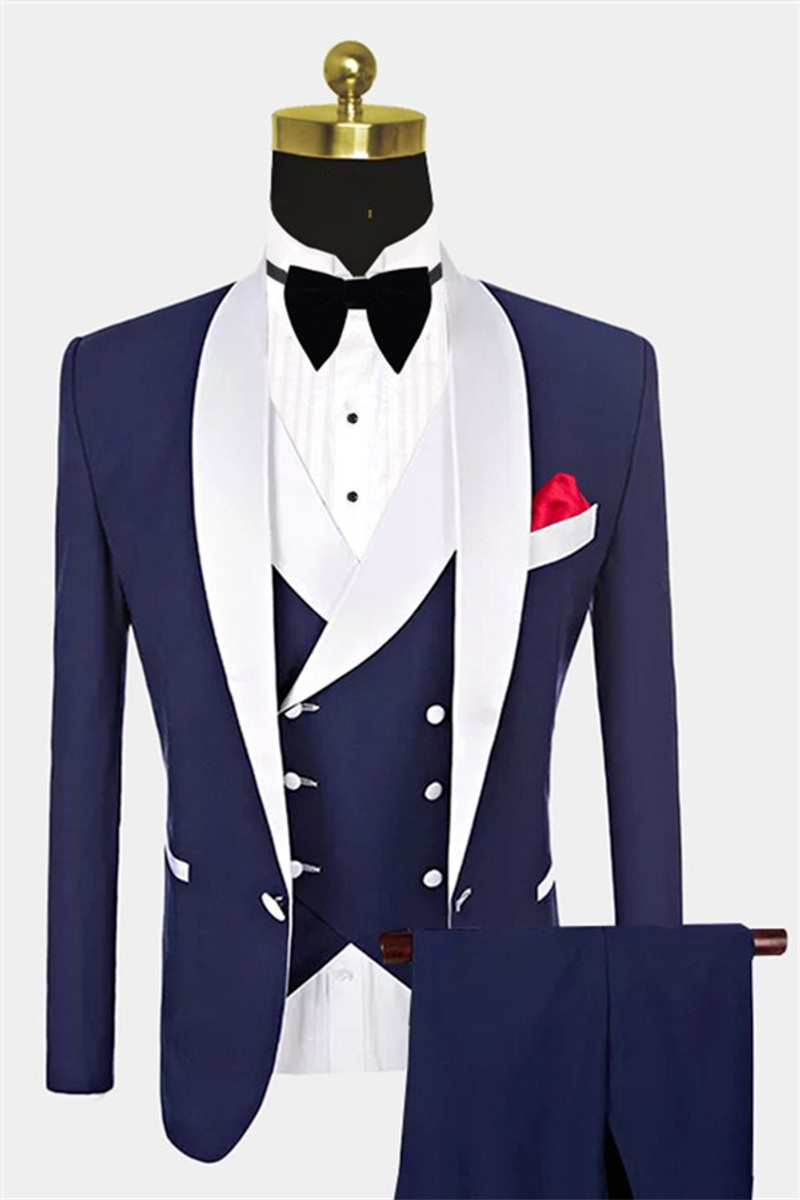 Navy Groomsmen Suit White Shawl Lapel Three-Piece Tuxedo