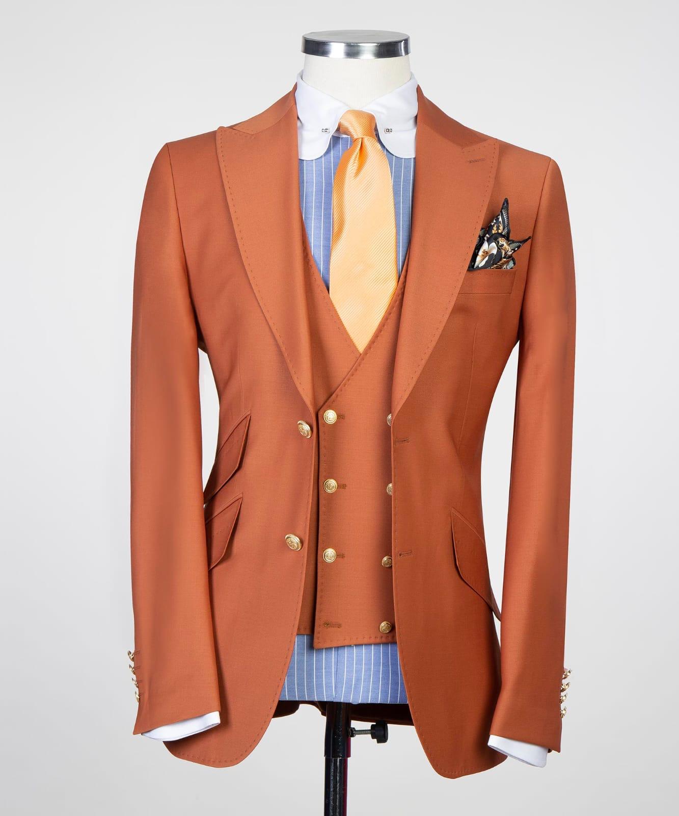 Orange Peaked Lapel Close Fitting Prom Men Suits
