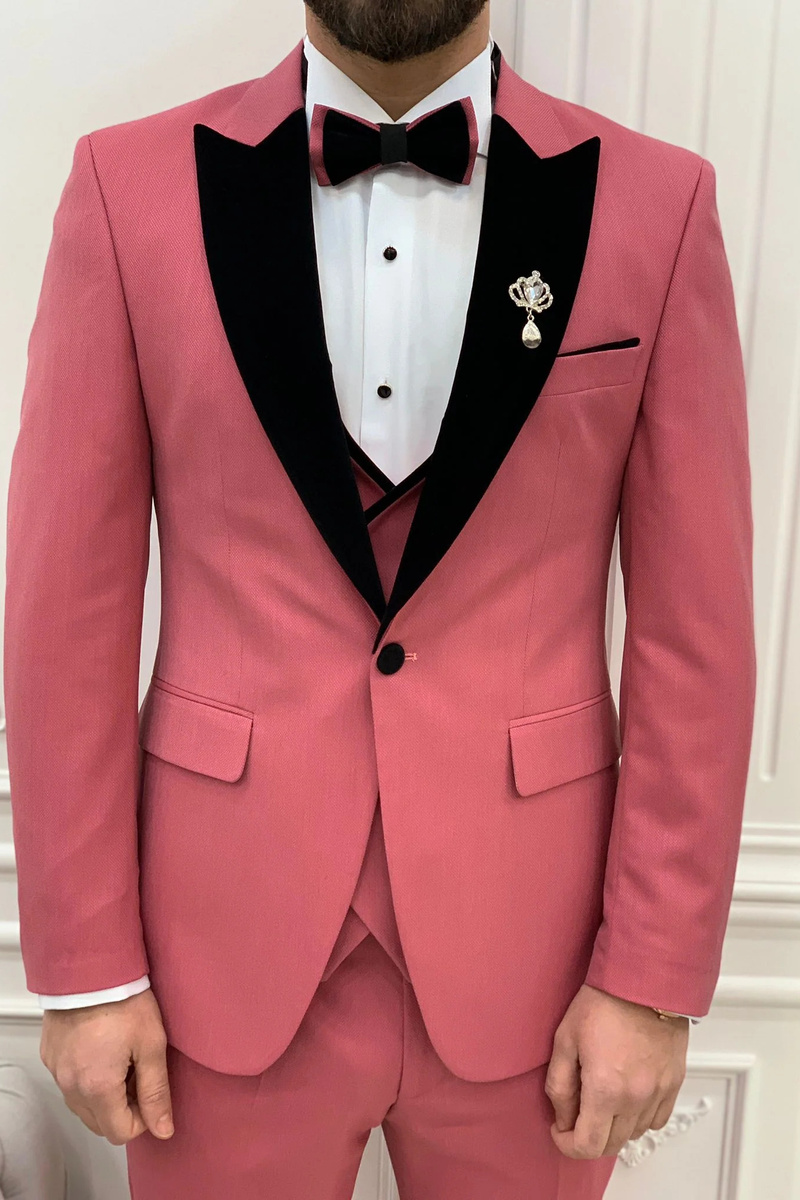 Modern Fashion Pink Slim Fit Velvet Peak Collar Three Piece Tuxedo
