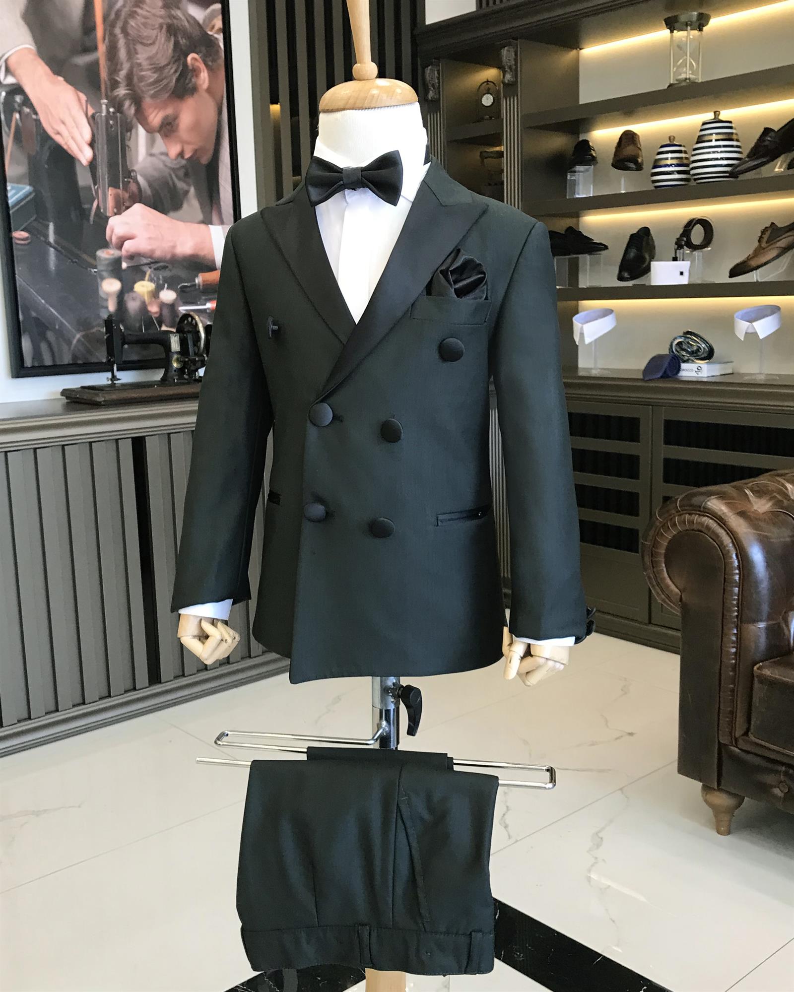 Dark Green Slim Fit Double-Breasted Boys' Tuxedo Suit