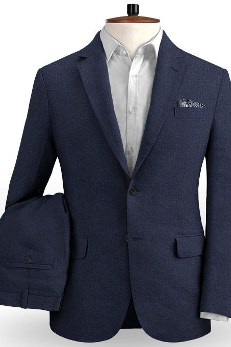 Dark Blue Linen Beach Groom Suit Slim Fit Wedding Tuxedo