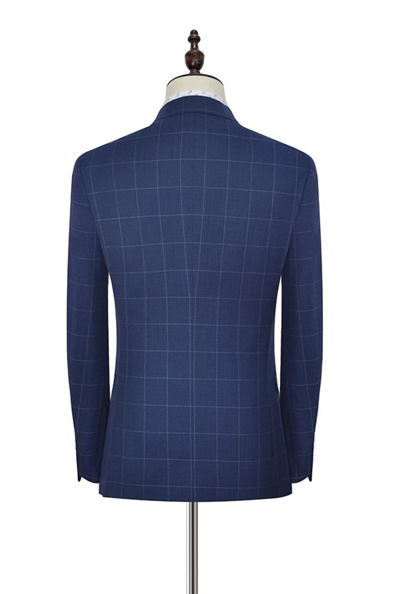 Three Flap Pocket Peak Lapel Suit Two-Button Check Navy Suit