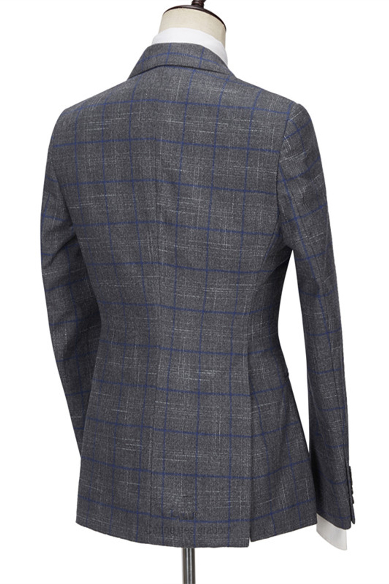 Brendon Grey Custom Notched Lapel Three Piece Plaid Slim Fit Suit