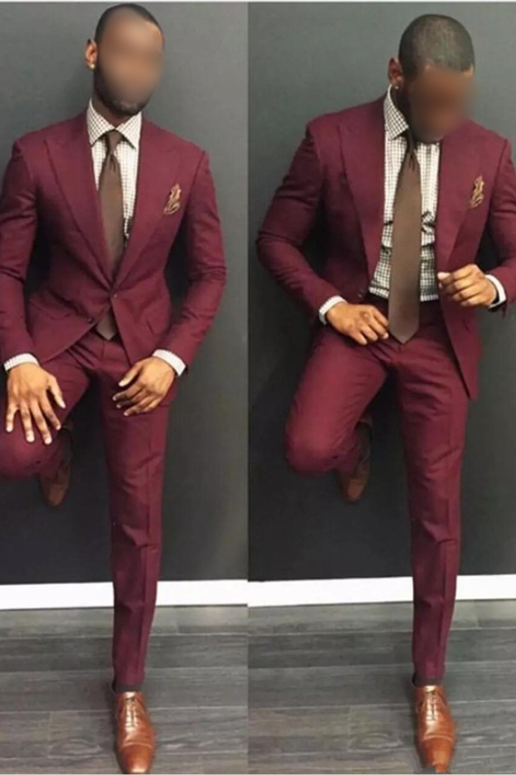 Simple Burgundy Slim Fit Point Lapel Two-Piece Suit