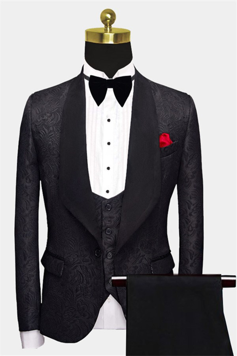 Business Black Suit Formal Three-Piece Jacquard Wedding Suit