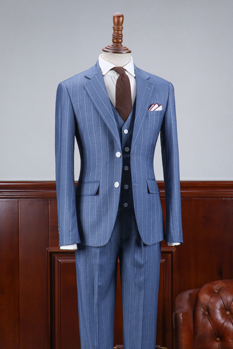 Andrew Stylish Blue Striped Three-Piece Slim Fit Business Suit
