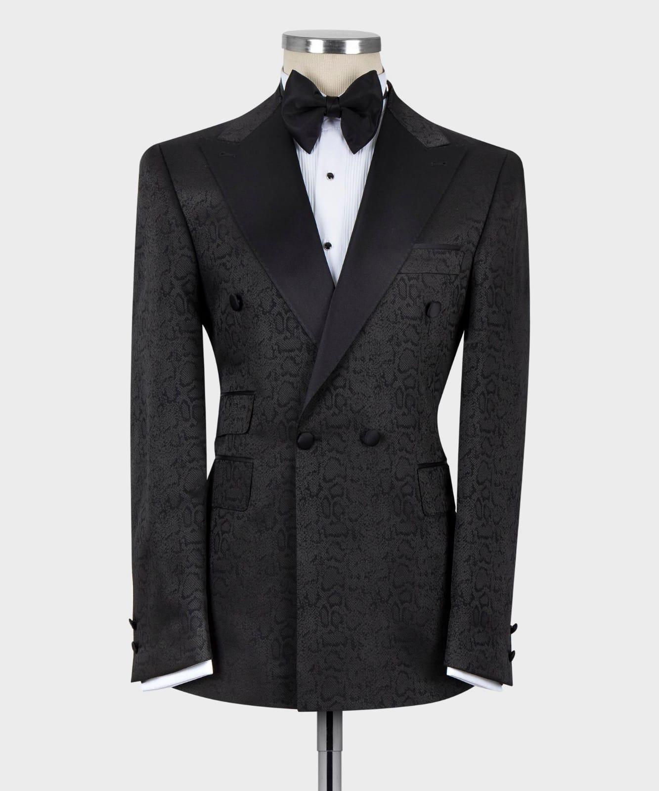 Black Jacquard Point Collar Double-Breasted Suit