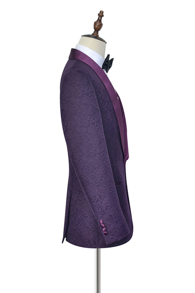 Luxurious Dark Purple One-Button Wedding Tuxedo Silk Shawl Lapel Ball Suit