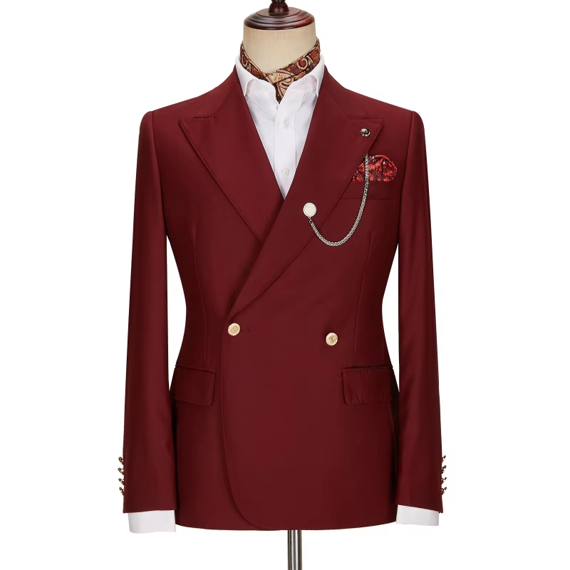 Charming Burgundy Peak Lapel Double-Breasted Gold Buttons Prom Suit