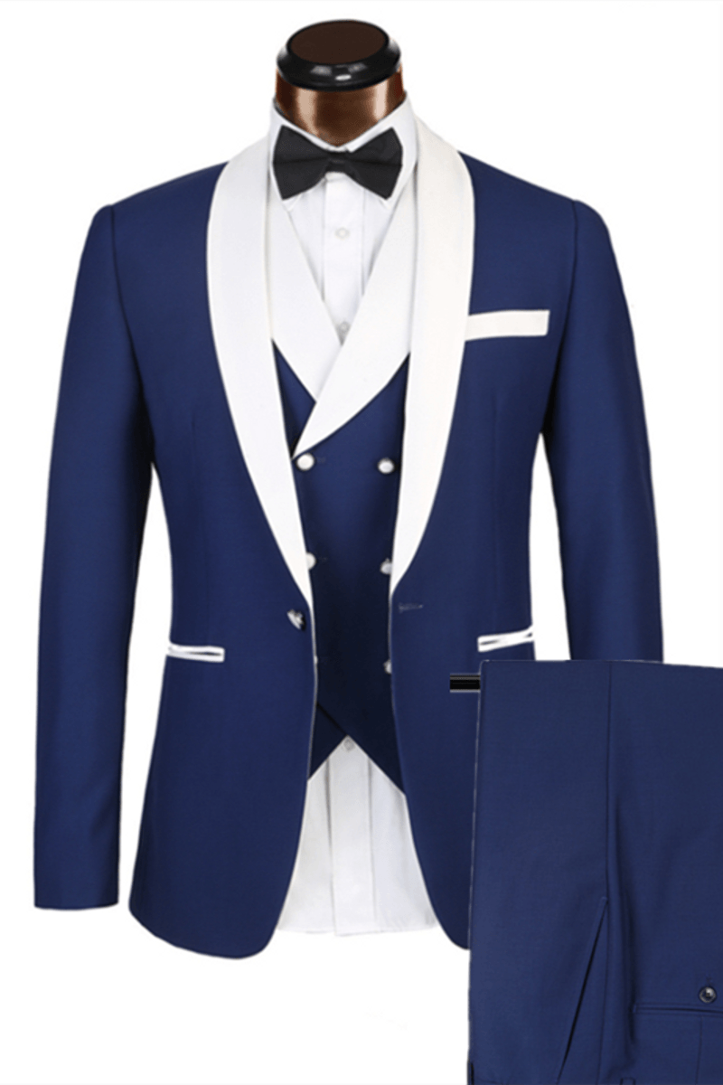 Three-Piece Classic White Lapel Edge Banding Formal Blue Wedding Suit