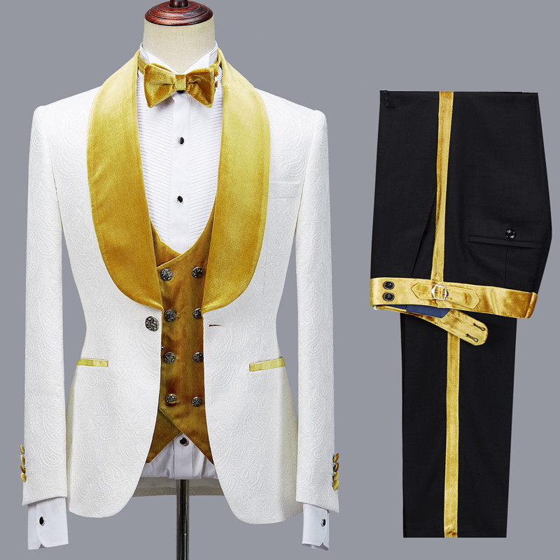 Cyrus Three-Piece Jacquard White Wedding Suit with Velvet Lapel