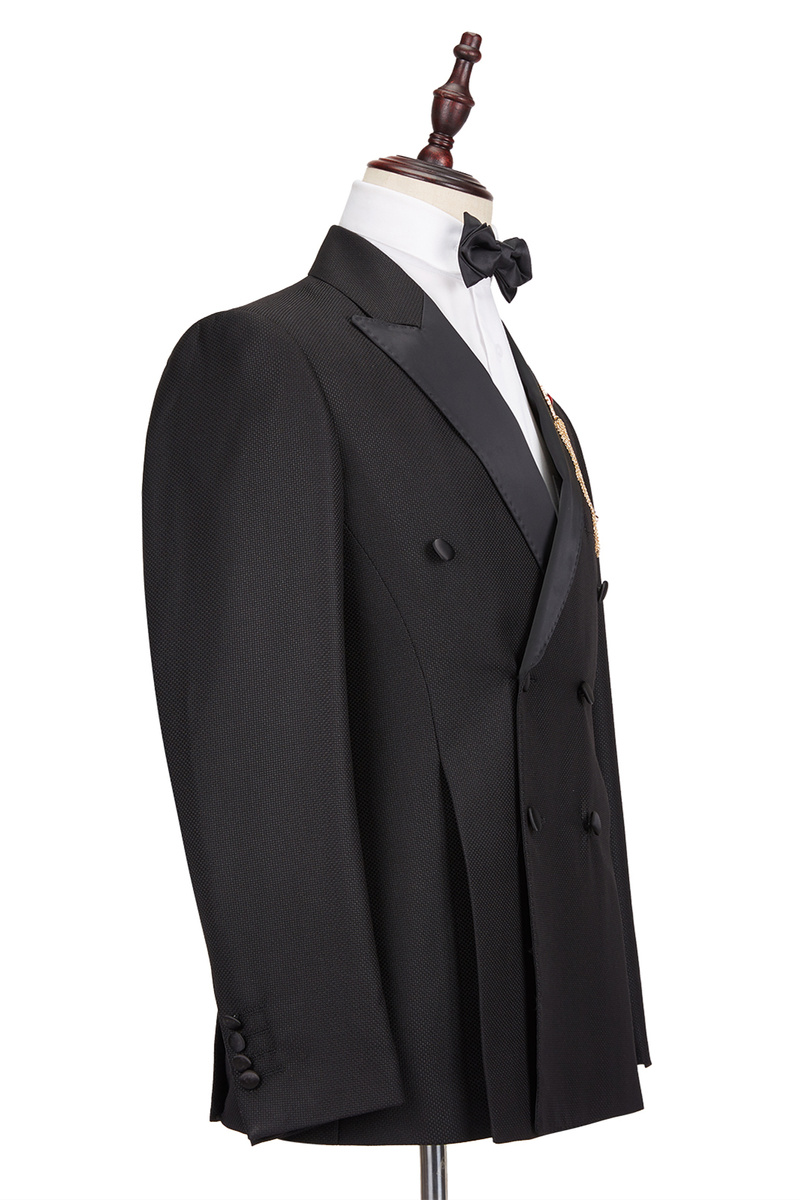 Classic Satin Peak Lapel Double-Breasted Black Wedding Suit