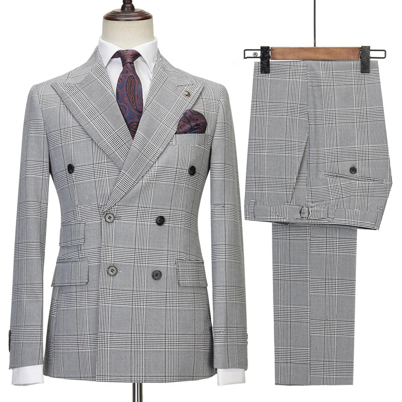 Black Double Breasted Prince Wales Check Men Slim Two Piece Suit
