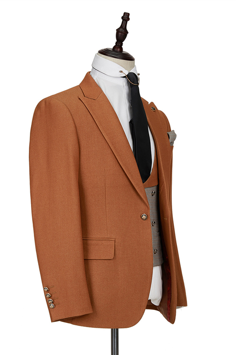 Orange Peak Lapel Three-Piece Suit with Double-Breasted Waistcoat