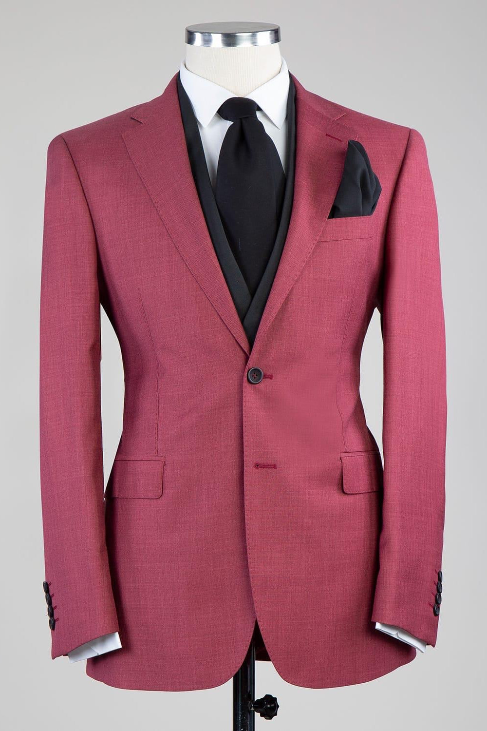 Warm Rose Red Three-Piece Custom Wedding Suit with Notched Lapels