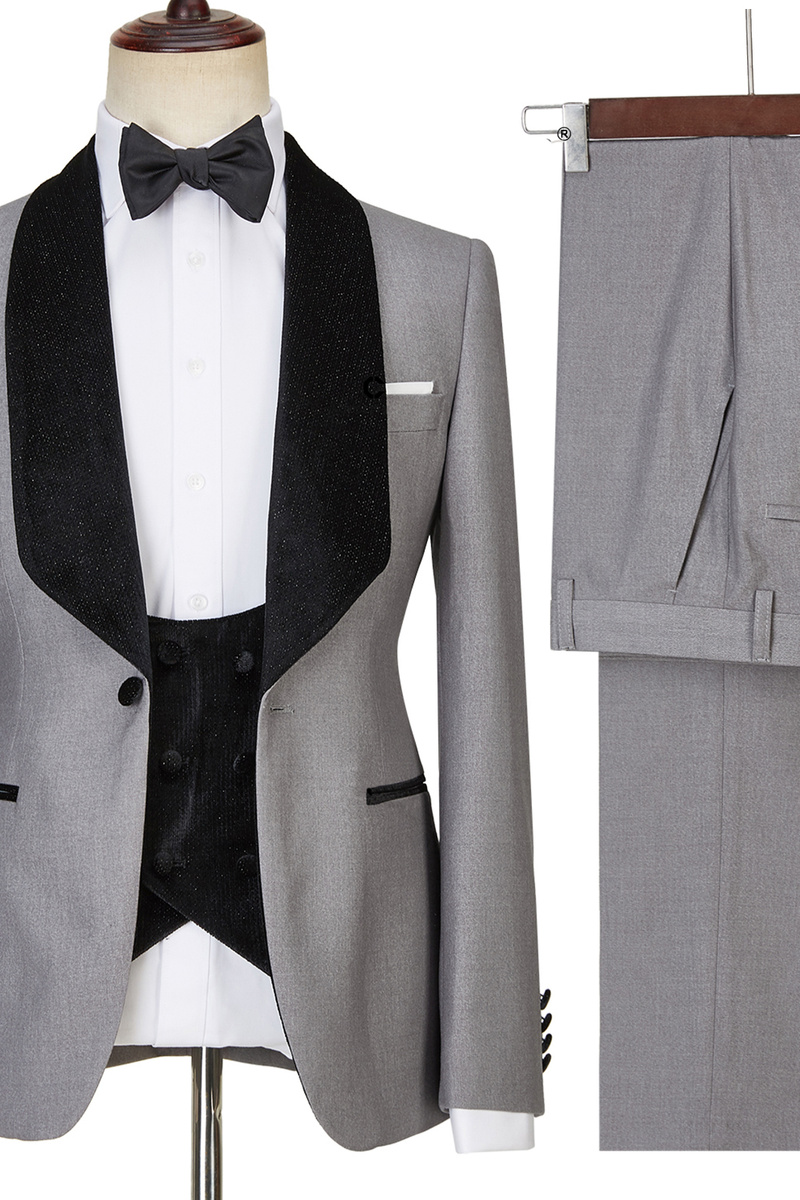 Robert Light Grey One-Button Shiny Shawl Lapel Three-Piece Wedding Suit