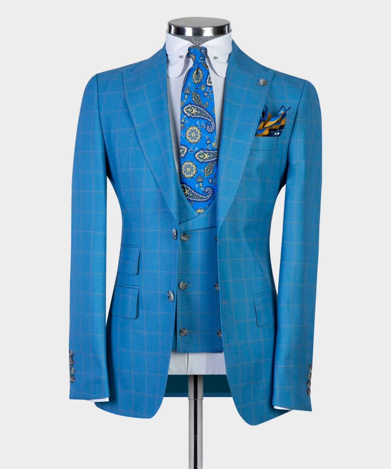 Blue Plaid Three Pieces Peaked Lapel Men Suits For Business