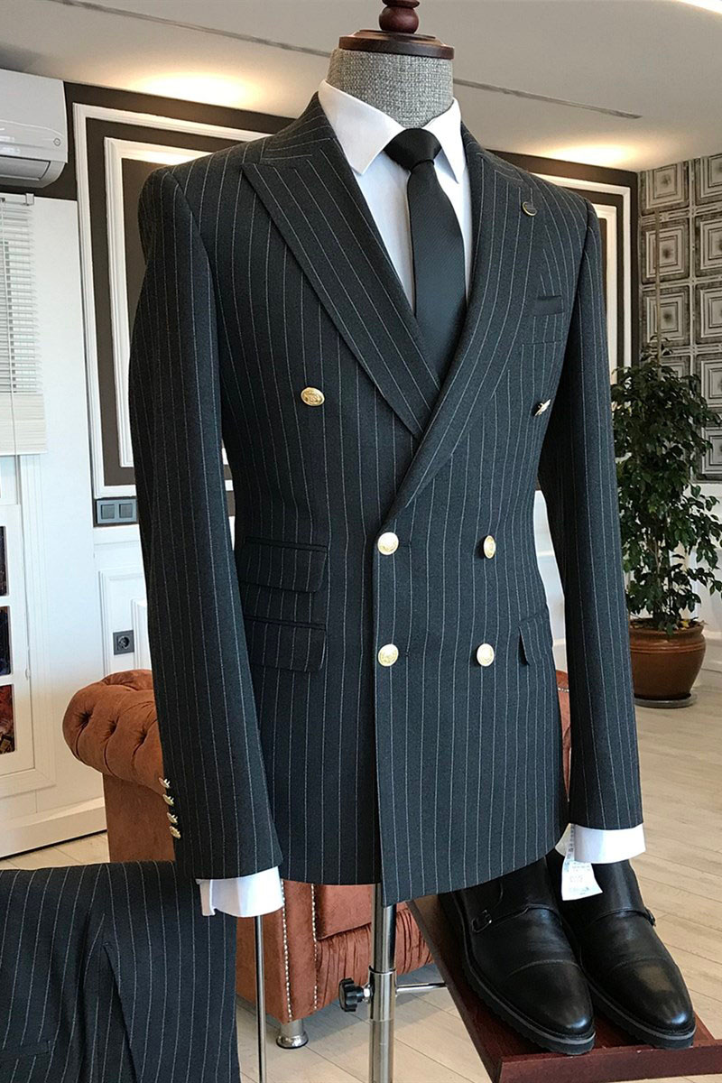 Nigel Formal Black Striped Point Lapel Double Breasted Business Suit