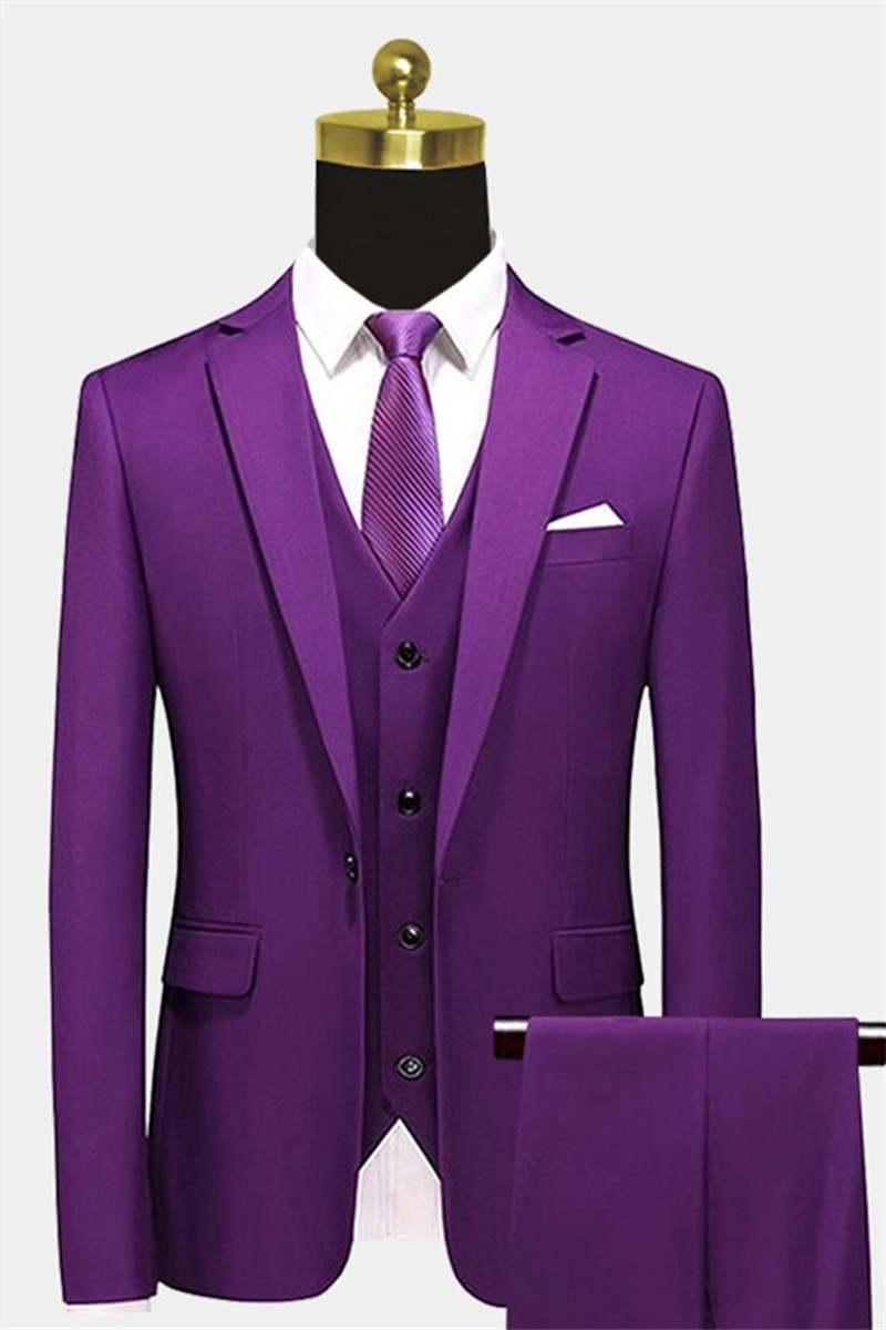 Purple Fit Prom Suit Notch Lapel Three-Piece Tuxedo