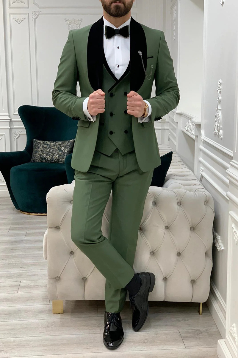 Allen Light Green Velvet Slim Fit Three-Piece Tuxedo with Shawl Lapel