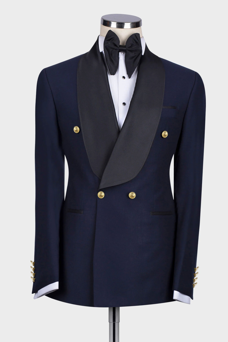 Navy Blue Double-Breasted Wool Blend Shawl Collar Men's Wedding Suit with Gold Buttons