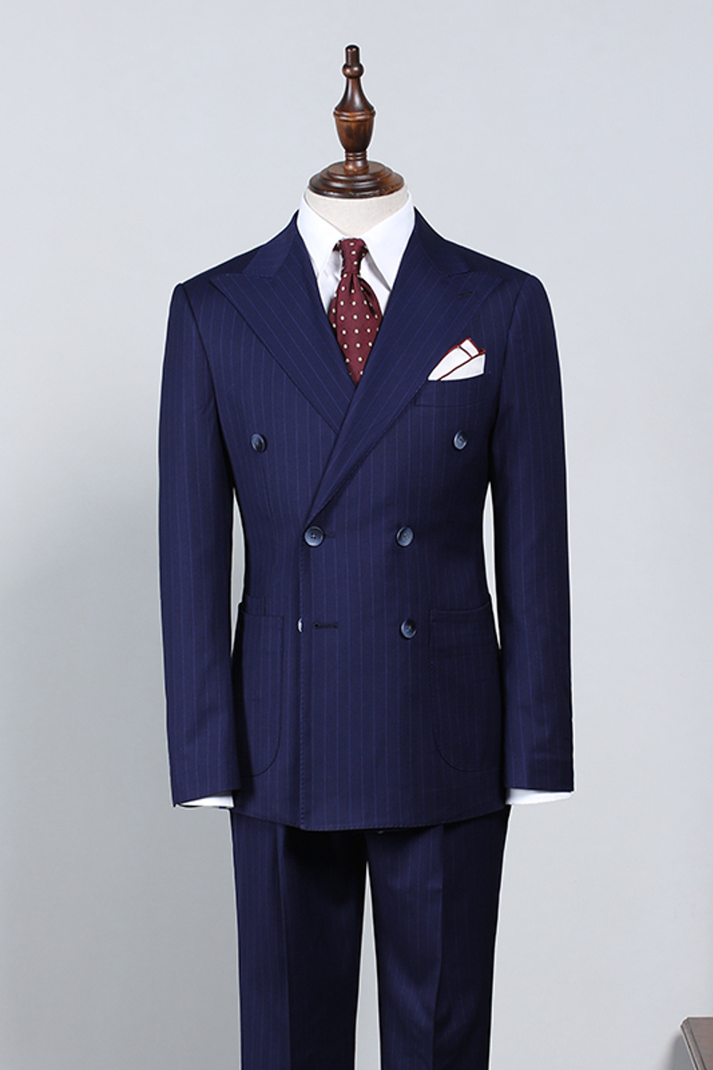 Howar Unique Navy Striped Double Breasted Slim Fit Tailored Business Suit