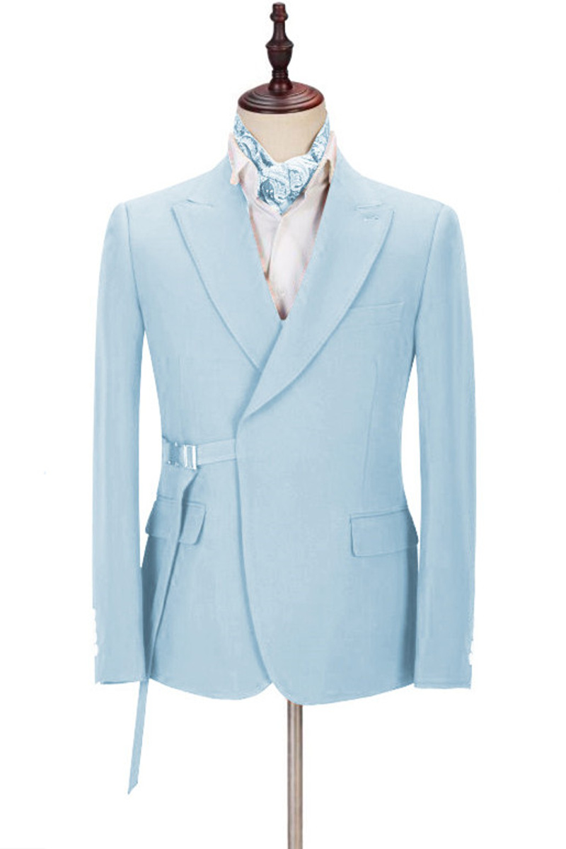 Justin Custom Sky Blue Pointed Lapel Men Suit With Adjustable Buckle