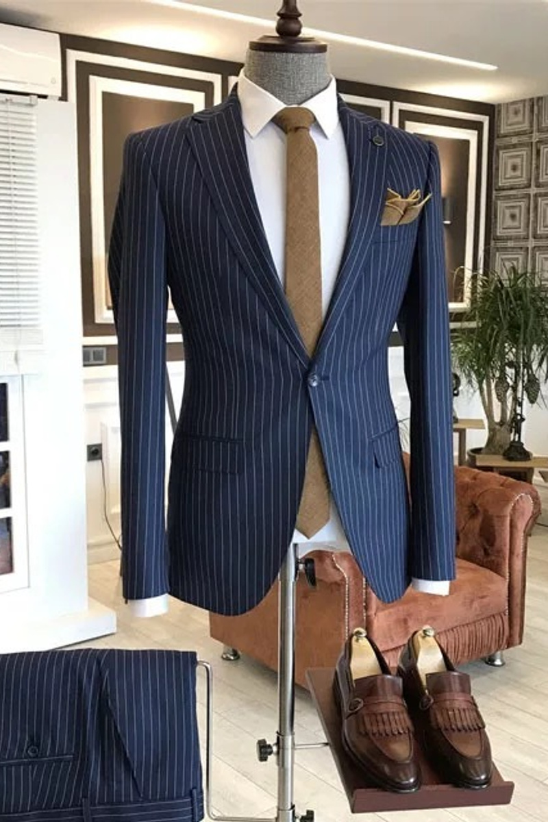 Modern Dark Blue Striped Notch Lapel One-Button Two-Piece Suit