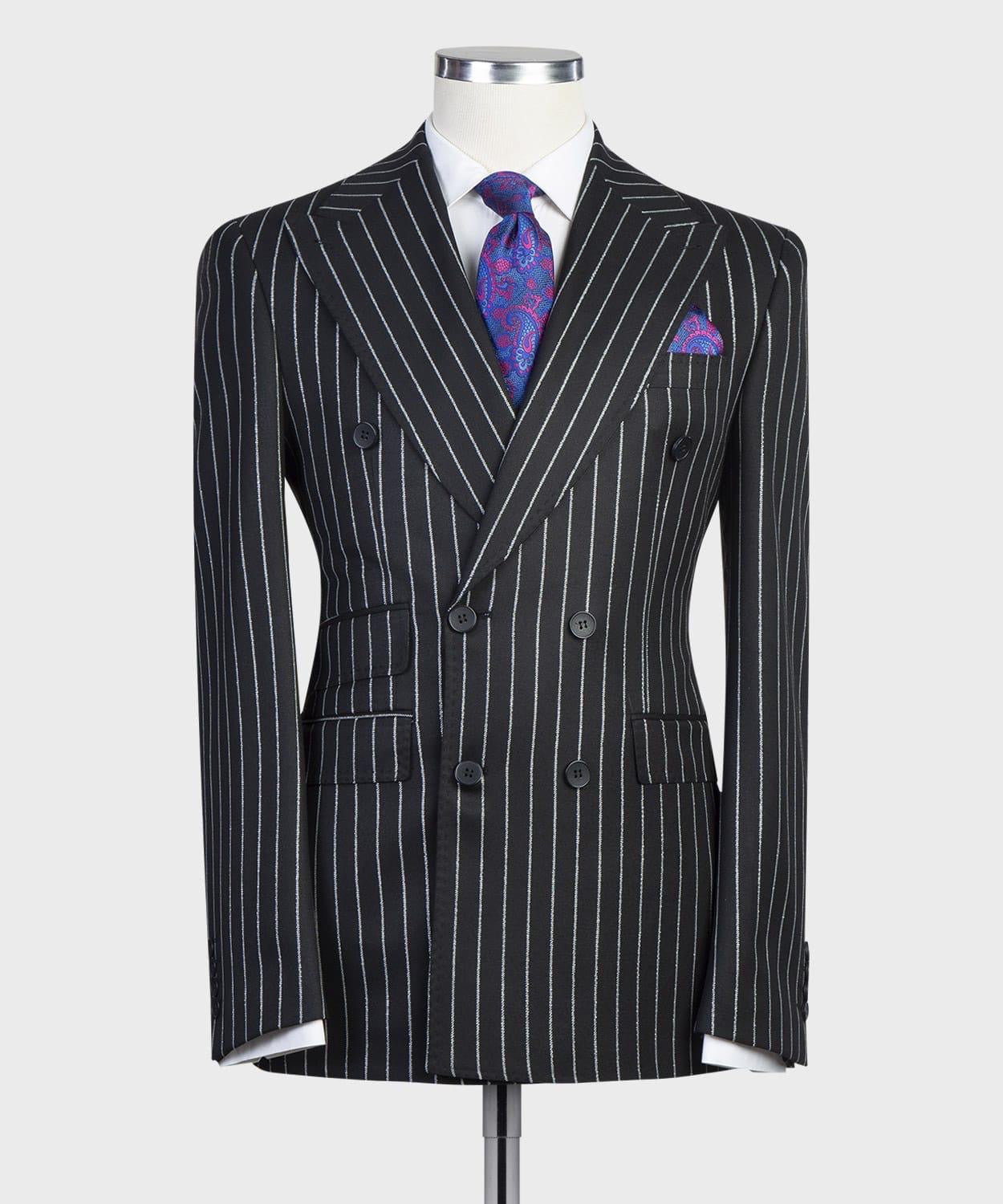 Modern Black Striped Double-Breasted Point Collar Business Suit
