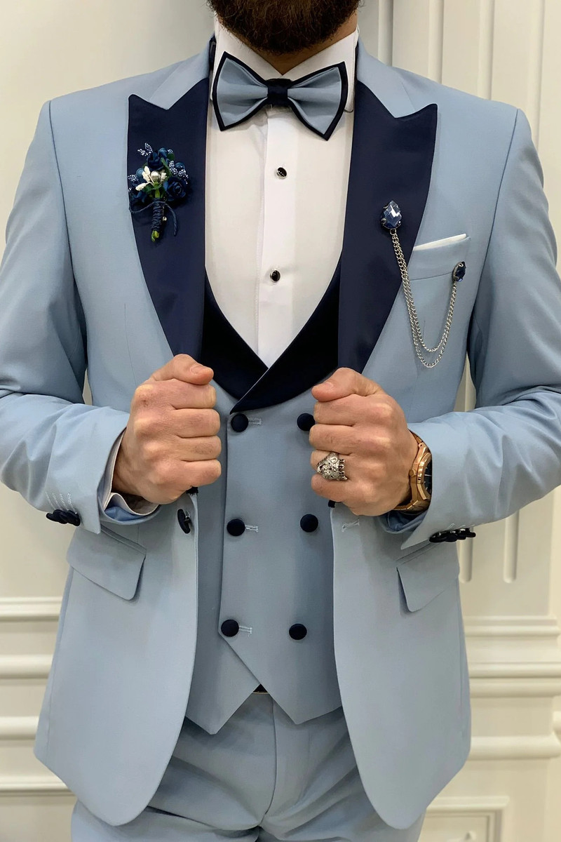 Modern Ice Blue Slim Peak Collar Three Piece Tuxedo