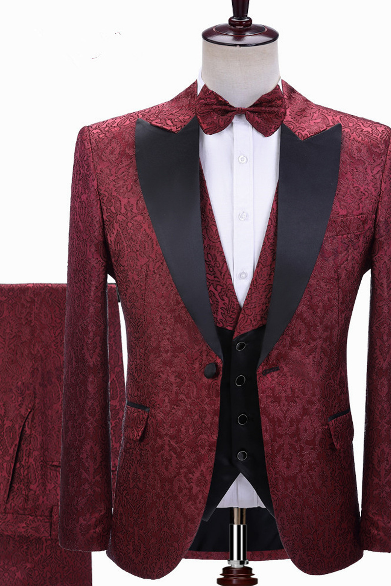 Parker Burgundy Jacquard Peaked Lapel Three-Piece Wedding Suit