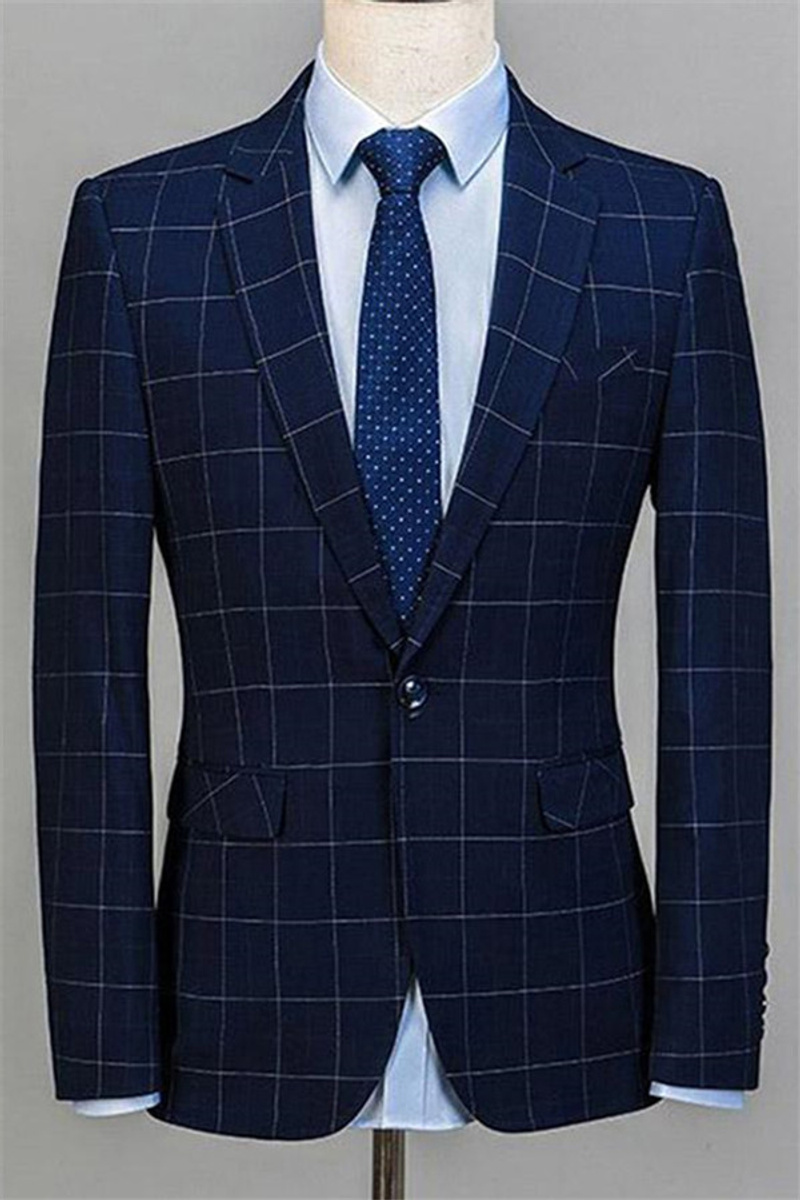 Navy Three-Piece Check Suit Slim Fit Notched Lapel Tuxedo