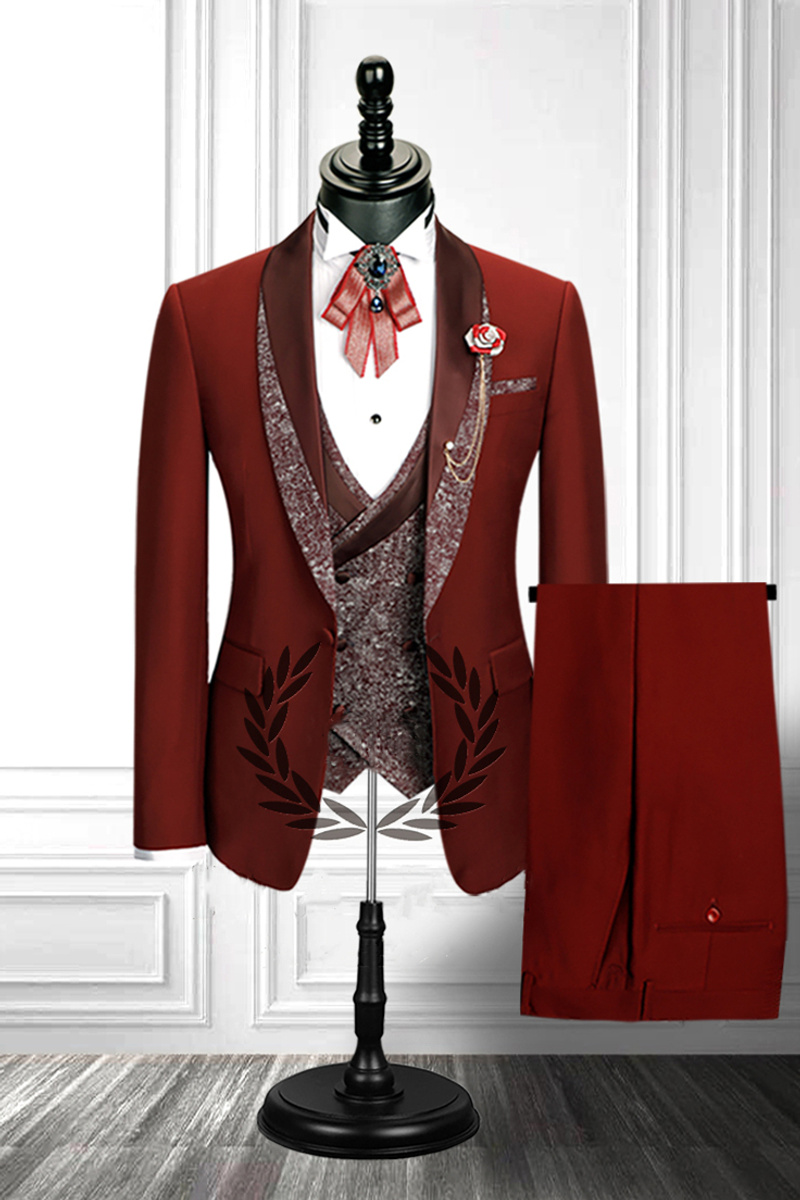 Red Three-Piece Stylish Double-Breasted Waistcoat Men Formal Suit