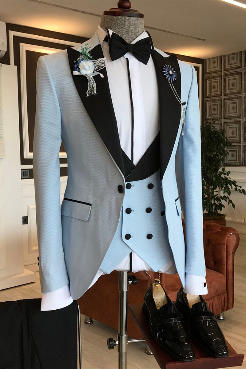Angel Sky Blue Three Piece Black Pointed Lapel Slim Fit Prom Men Suit
