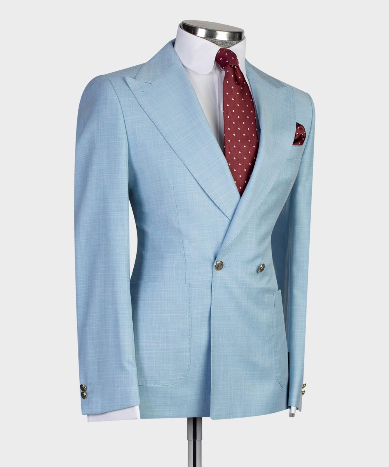 Fashion Sky Blue Double Breasted Men Suits With Point Collar