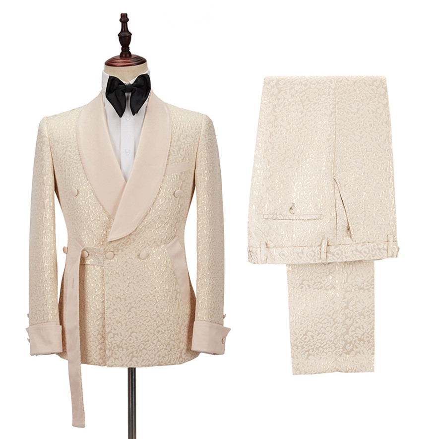 Seth Gold Shawl Lapel Slim Fit Jacquard Wedding Suit Two Piece
