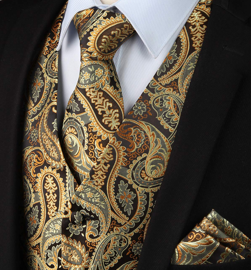 Newest Gold Paisley Men Vest With Tie Set